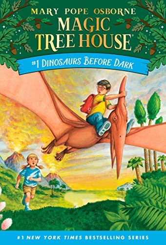 Cover of Dinosaurs Before Dark chapter book featuring Jack flying on a dinosaur as Annie runs on the ground