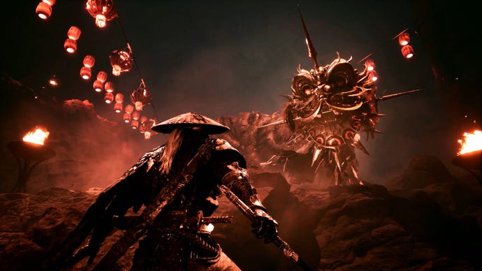 A screenshot from Phantom Blade Zero which shows Soul, a samurai, come face to face with an armoured, Chinese lion boss.