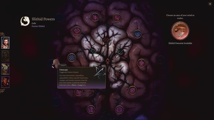 A brain menu screen showing illithid powers and skills in Baldur's Gate 3