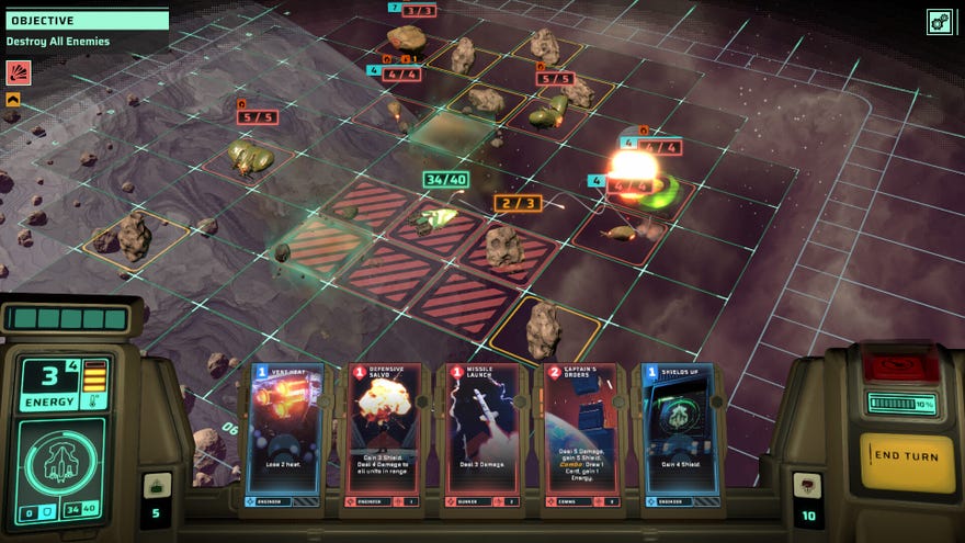 A battle in Earthless, with missiles hitting ships on a grid-based starmap