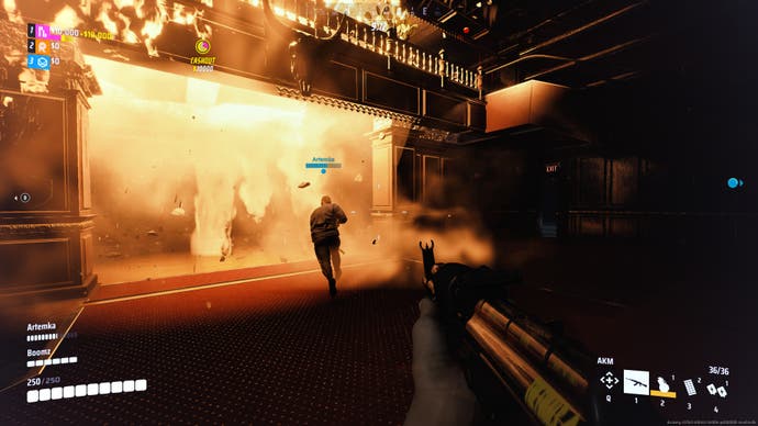 A screenshot of the Finals, depicting the player and his team running into an explosion.
