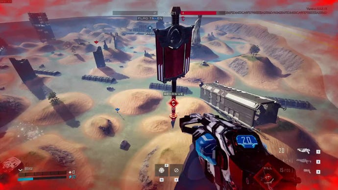 Ein Screenshot aus einem neuen Tribes-FPS, der den Spieler hoch über einer Sandwüstenkarte mit roten Schadensanzeigen auf dem HUD zeigt