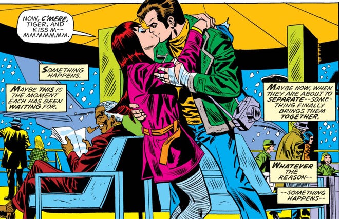 Mary Jane Watson and Peter Parker's first kiss