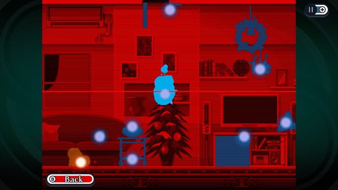 Ghost Trick: Phantom Detective review screenshot, ghost mode with a red background, small blue spheres and one yellow sphere attached to objects.