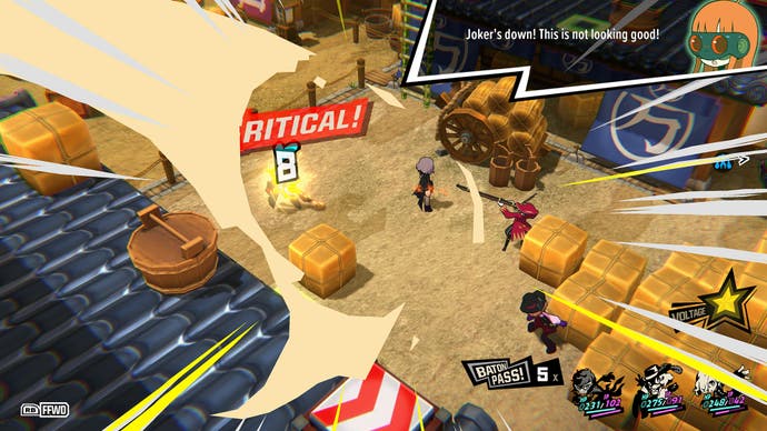 An isometric-angled battle view in Persona 5 Tactica, which gives us a much clearer view of where characters are positioned in a rather narrow battlefield filled with large wooden boxes. Someone has just scored a critical hit, and there's a lot of comic book energy being given to it - exclamation marks and overlayed flicked lines and splashes of colour.