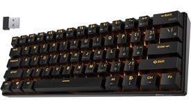 royal kludge rk61 mechanical keyboard shown in black with a single colour backlight and USB dongle for 2.4GHz wireless