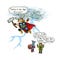Illustration of Thor flying in the sky and Captain America and Loki looking on