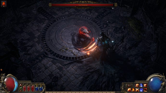 A boss called the Prisoner in Path of Exile 2, in the middle of a fiery melee attack on a player in a shadowy stone arena