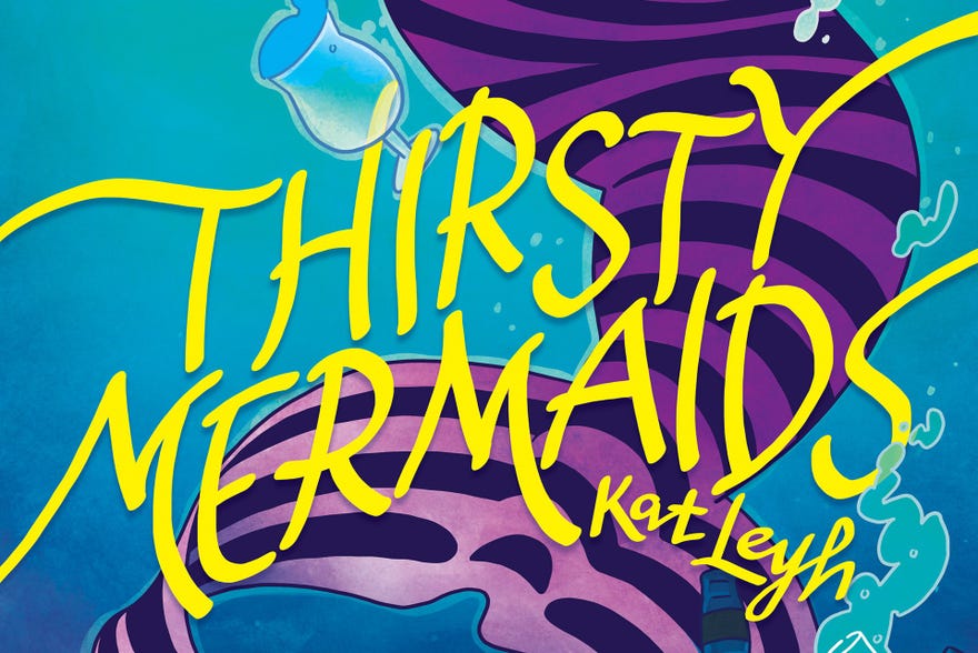 Cropped cover of Thirsty Mermaids featuring a striped purple mermaid tail in the ocean and a cocktail glass