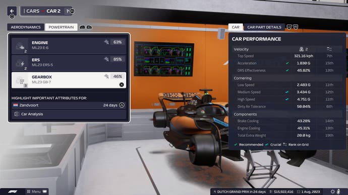 Captura de pantalla de revisión de F1 Manager 2023, pantalla de rendimiento para el automóvil McLaren con Gearbox resaltado.