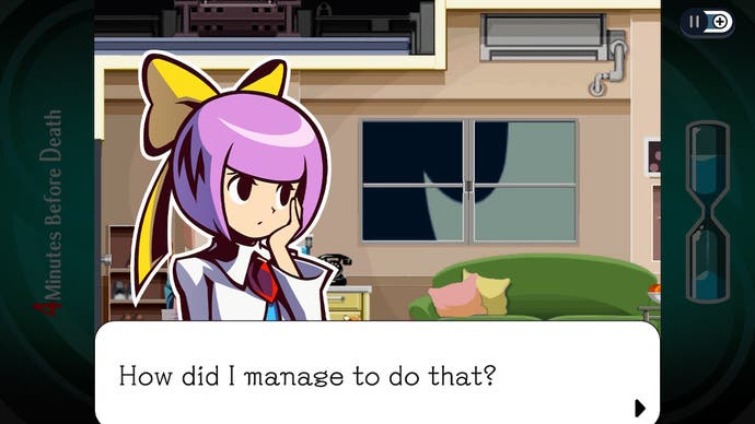 Ghost Trick: Phantom Detective review screenshot, a purple-haired girl with a yellow hair tie says: 