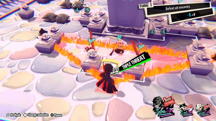 A battle shot in Persona 5 Tactica, in which the main character casts some kind of triangular wall fo fire that has caught three enemies in it. There's a button prompt for "Triple Threat" visible. Maybe that's the ability that's been used.