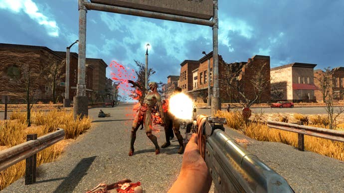 A player fires at a group of incoming zombies in 7 Days to Die.