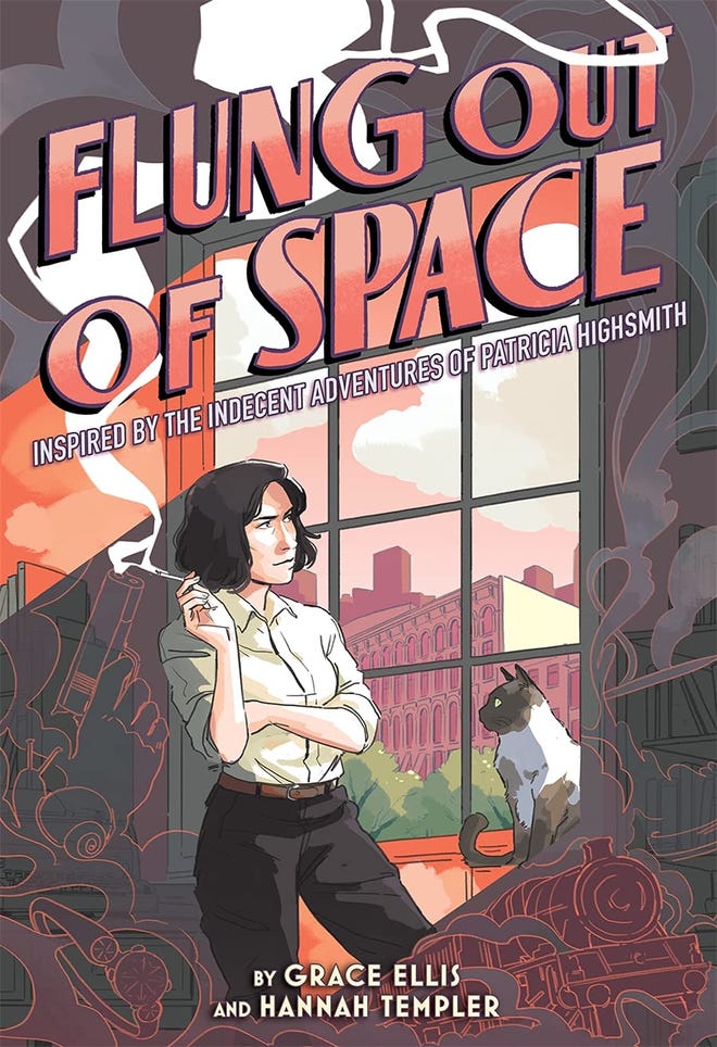 Cover of Flung Out of Space, featuring an image of Patricia Highsmith smoking and looking out of a window