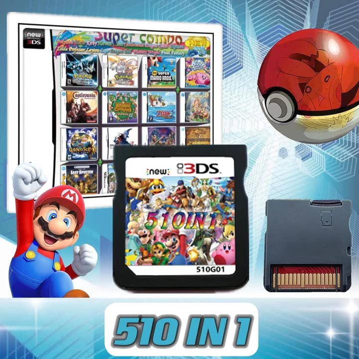 A 510-in-1 Amazon product image for a bootleg DS game collection. The box art is a 4x4 grid of official DS game covers, but with white lines drawn through the 