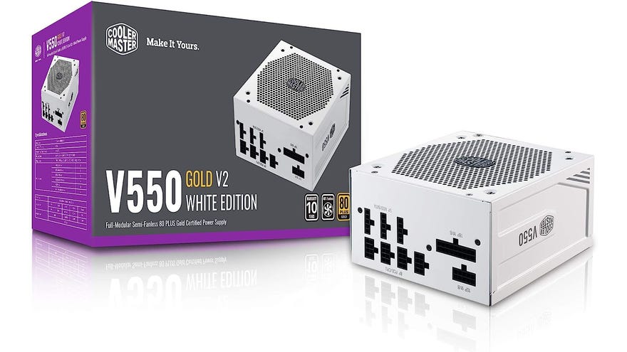 cooler master v550 power supply pictured next to its box, in white