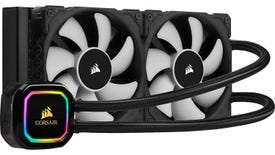 a photo of a corsair h100i pro xt 240mm aio, a kind of all-in-one liquid cpu cooler with rgb lighting on the pump