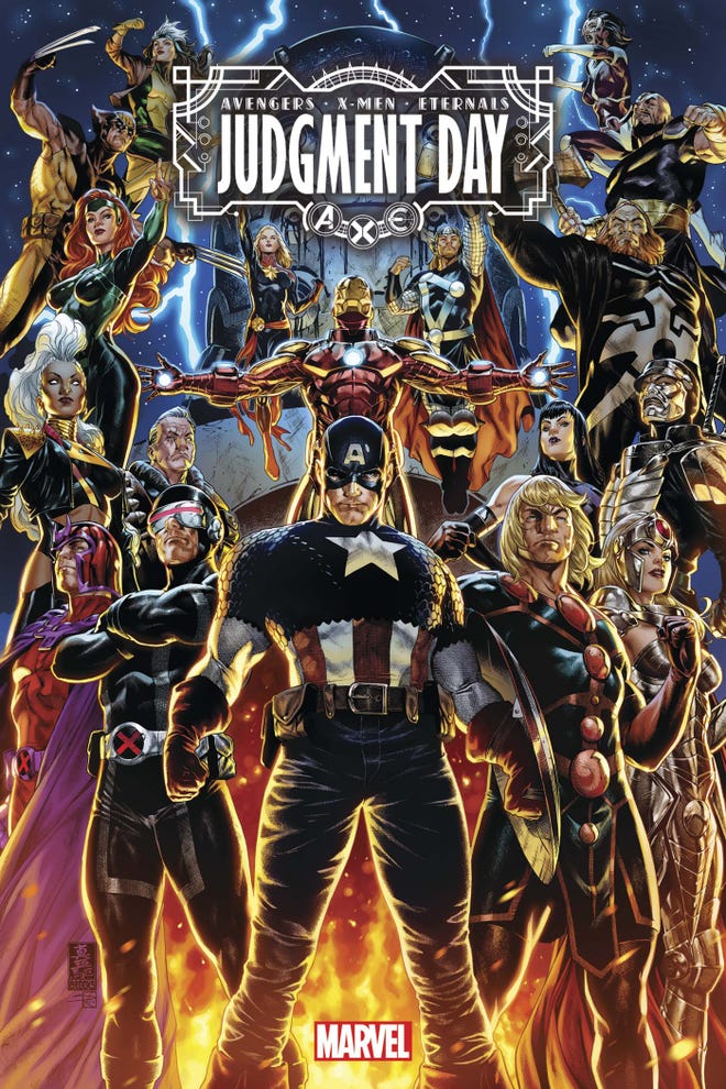 Marvel heroes standing together. A.X.E.: Judgment Day #1 cover by Mark Brooks