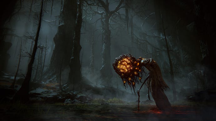 Eine monströse Gestalt mit einem vergrößerten leuchtenden Kopf in einem dunklen Wald