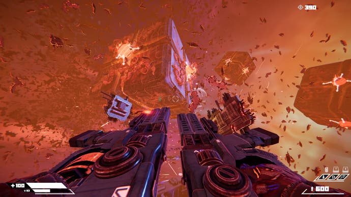 A screenshot of Turbo Overkill, showing a debris-strewn space battlefield, with a giant 