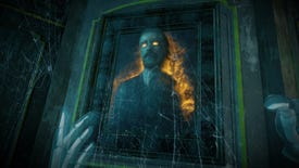 A man with glowing eyes rises out of a portrait in The 7th Guest VR