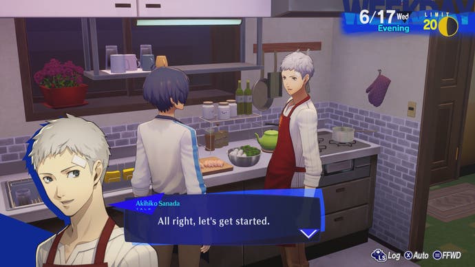 تصویر بارگذاری مجدد Persona 3 که قهرمان داستان را در حال پختن غذا با آکیهیکو سانادا نشان می دهد.