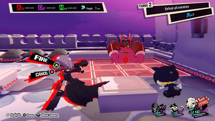 A battle shot from Persona 5 Tactica. The long-coated character Erin in the foreground prepares to shoot a chonky downed enemy farther away. The level before us is gridded in classic strategy fashion.