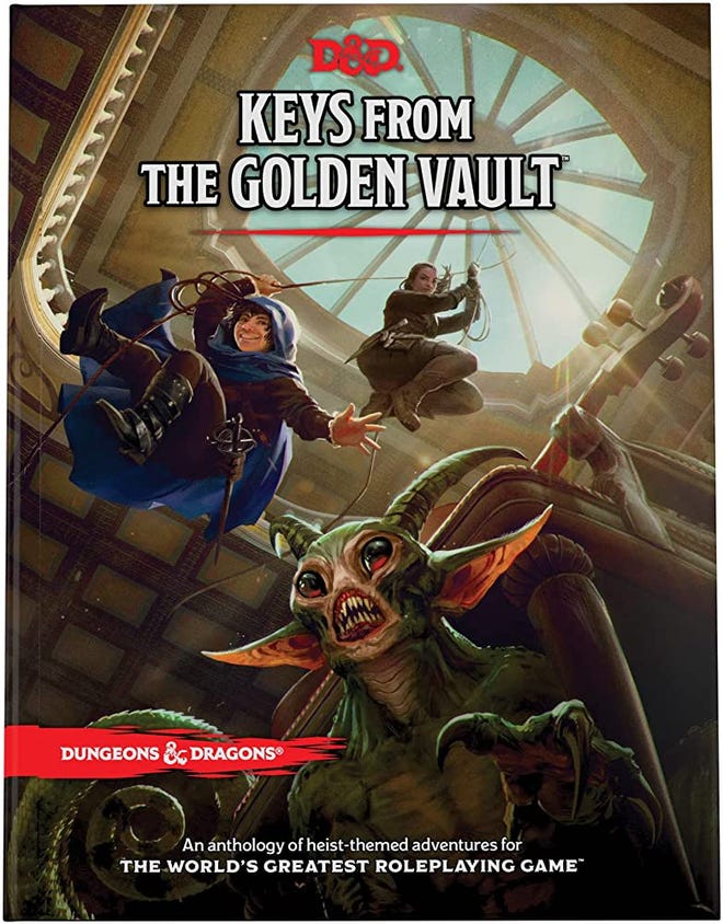 an illustrated cover of Keys from the Golden Vault featurign characters repelling down from a skylight