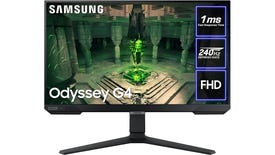 samsung odyssey g4 gaming monitor, with text saying its features ("Full HD", "240Hz refresh rate", "1ms fast response time").