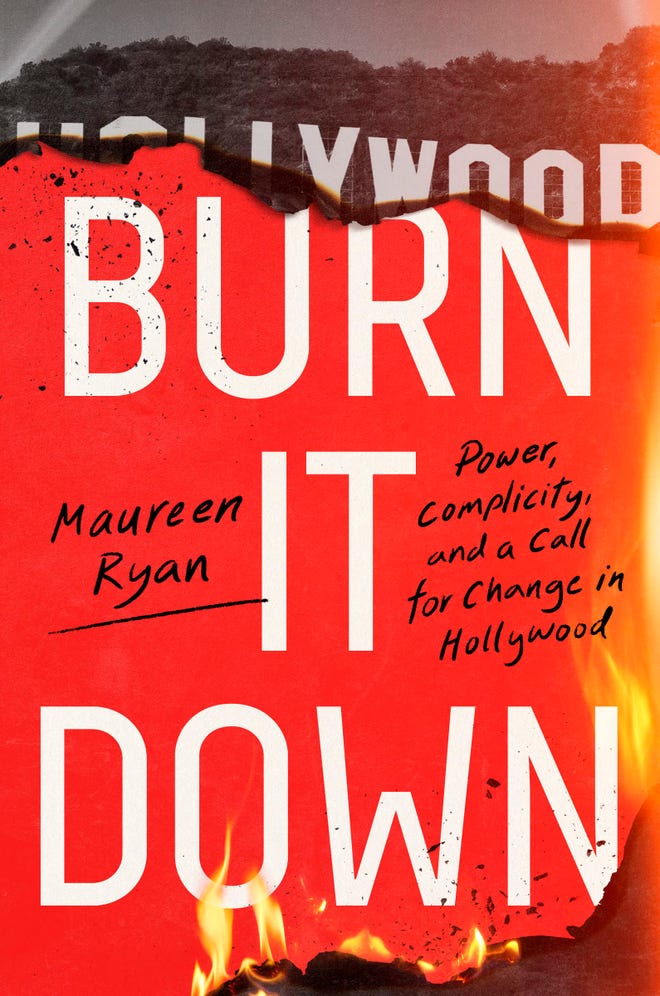 Red cover of Burn it Down featuring snippets of the Hollywood sign in the background