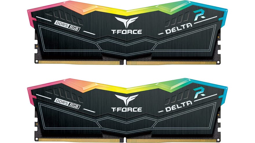 teamgroup t-force delta rgb ddr5-5200 ram, shown with two 16GB sticks totalling 32GB. The RAM is protected by a black metal heatsink, with RGB lighting in an angular pattern.
