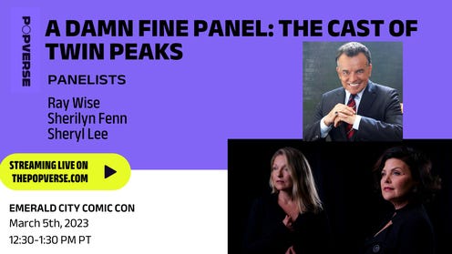 Image for Watch the Twin Peaks panel with Ray Wise, Sherilyn Fenn, Harry Goaz, and Kimmy Robertson live from ECCC '23