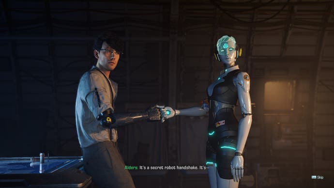 A cutscene from Exoprimal shows a nerdy side character shaking hands with a robot friend.