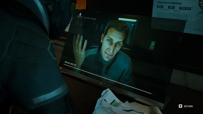 A video diary from a computer in Fort Solis, showing a weary-looking man gesturing at the camera.
