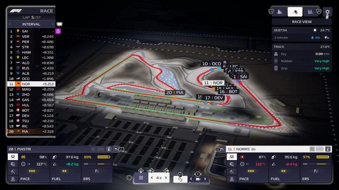 Captura de pantalla de revisión de F1 Manager 2023, mapa del Circuito Internacional de Bahrein que muestra las posiciones de los conductores y los tiempos en vivo.