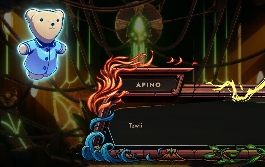 A screenshot of 9 Years Of Shadows showing Apino, a magical teddy bear, floating and saying in a dialogue box, "Tzwii."