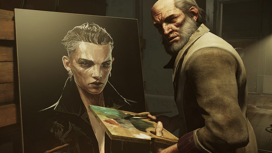 A man paints a picture of a woman in Dishonored 2
