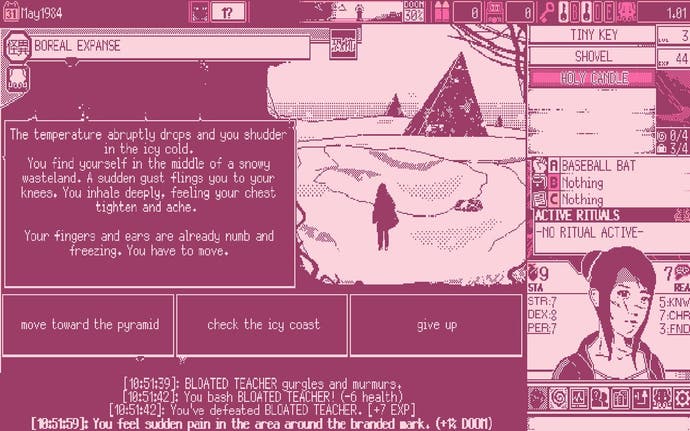 A screenshot from World of Horror showing an event in which the player traverses the icy cold of a strange realm. Text describes the illustrated scenario, giving a choice on how to proceed.