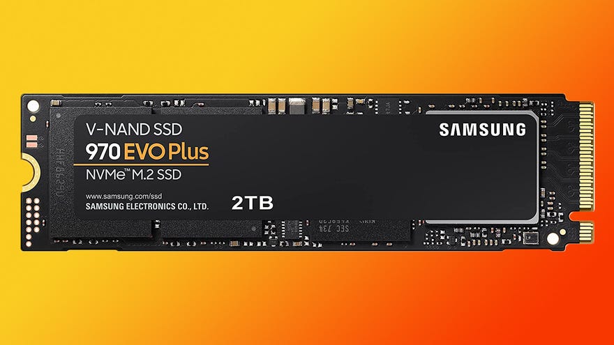 a photo of the samsung 970 evo plus 2tb nvme ssd, a svelte high speed drive on a cool orange background