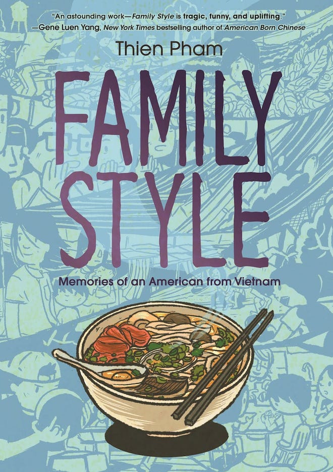 Illustrated cover of Thein Pham's Family Style on a blue background