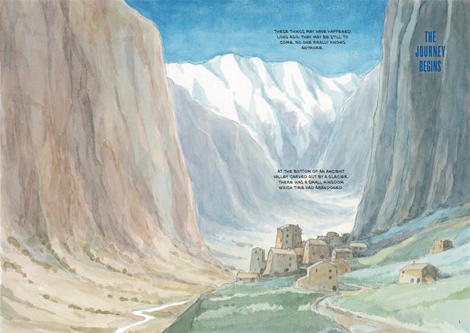 A comics spread featuring an inhabited pass between three cliffs