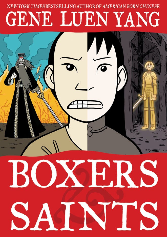 Cover of Boxers and Saints featuring two kids faces, a god, and joan of arc