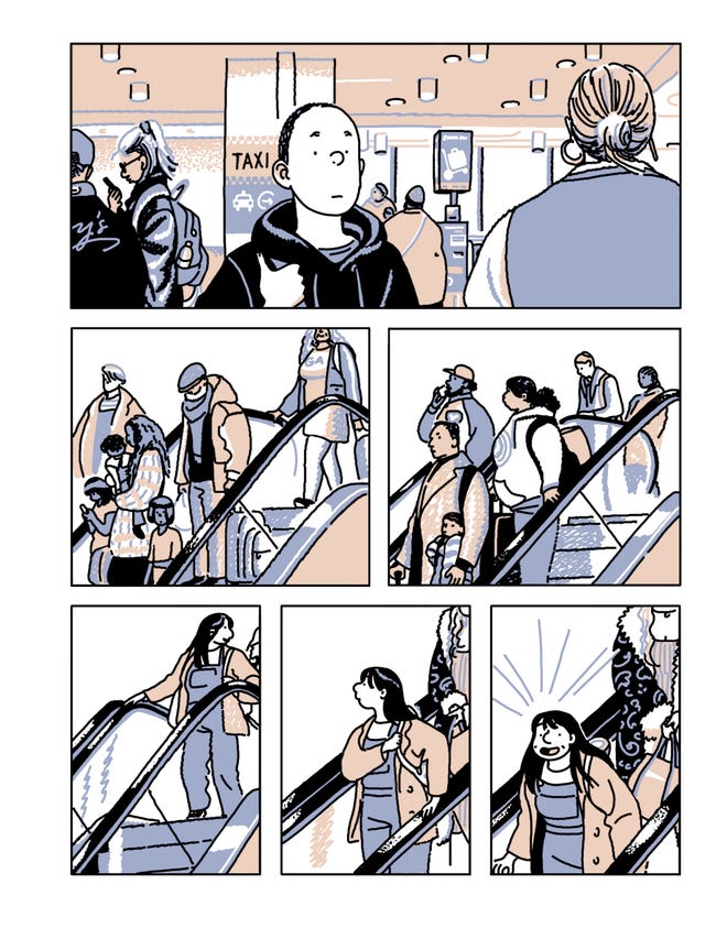 Page of three toned comics, featuring two characters seeing each other across an airport