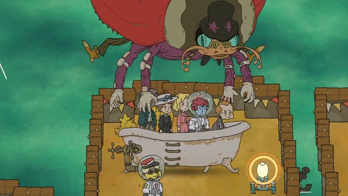 A guidebook of Babel screenshot showing a group of strange characters in a kind of bathtub boat, with a large spider-type-person in a top hat towering over them. Otherwordly cartoon style.