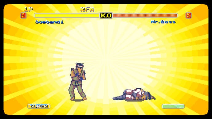 在一款带有明亮橙黄色背景的《街头霸王》风格的小游戏中，一位老老师战胜了被KO的敌人