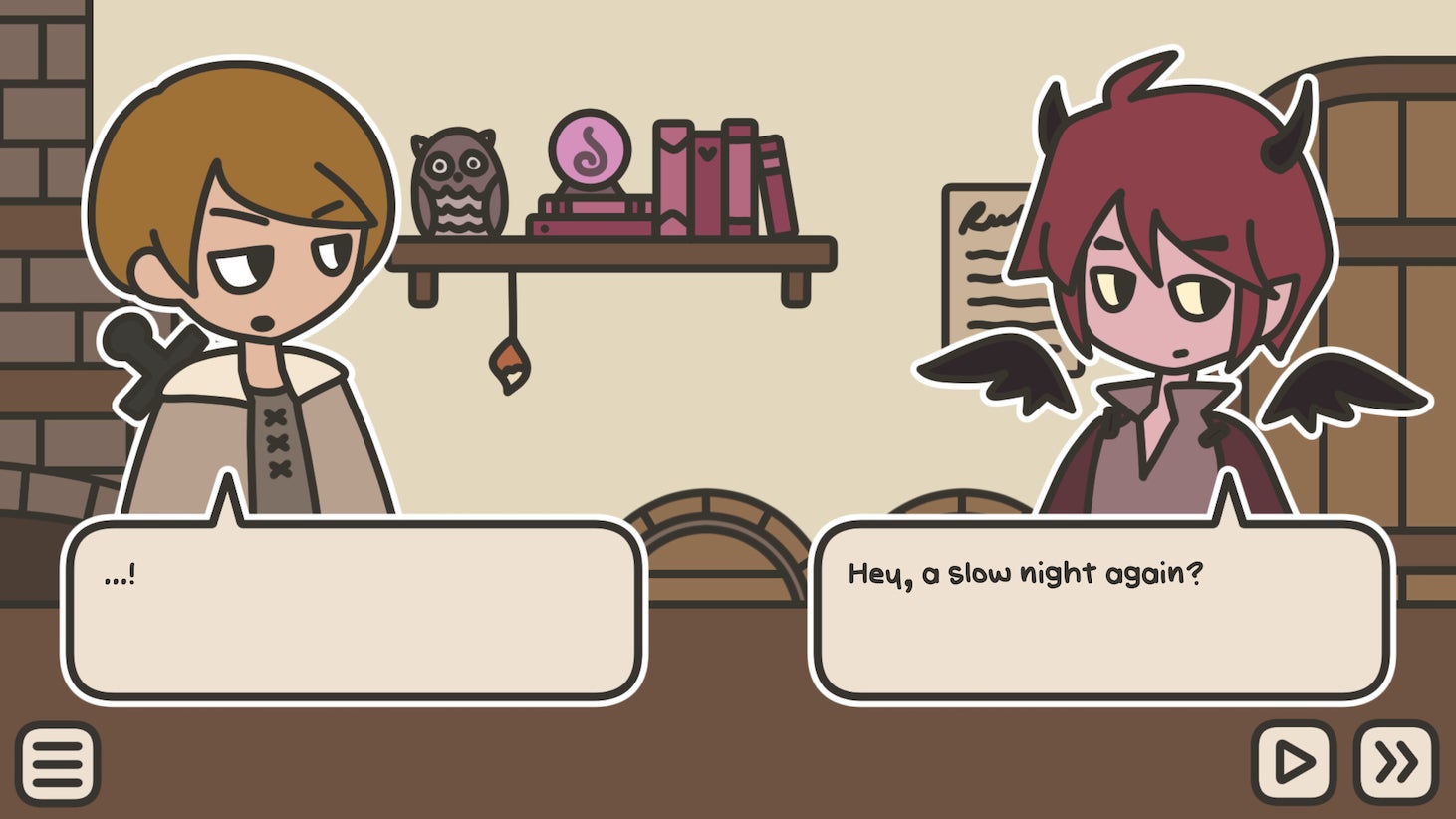 Two fantasy characters talk to the barista in A Tavern For Tea