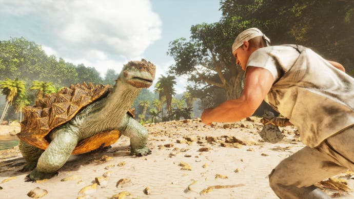 A screenshot from Ark: Survival Ascended showing the player on the beach, facing off against a massive prehistoric turtle.