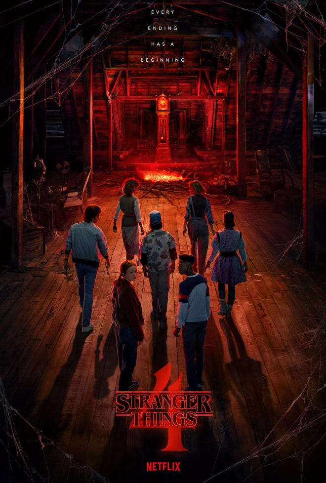 Stranger Things season 4 poster, featuring the cast of characters walking towards a red light