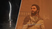 An image of Basim is positioned next to a picture of a sword from Assassin's Creed Mirage