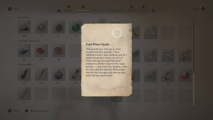 A letter - the Find What I Stole enigma clue - is shown in Basim's inventory in Assassin's Creed Mirage